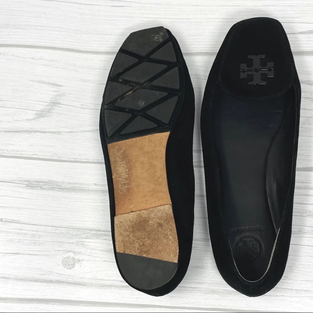 TORY BURCH Black Suede Emblem Loafers Flats